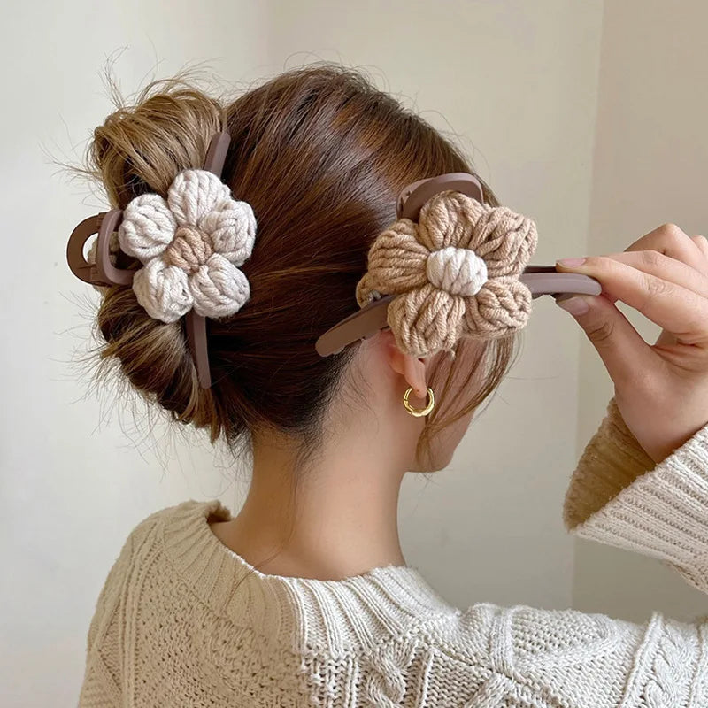Elegant INS Big Large XXL Hair Accessories Fabric Crochet Flower Hair Claw Clips for Women