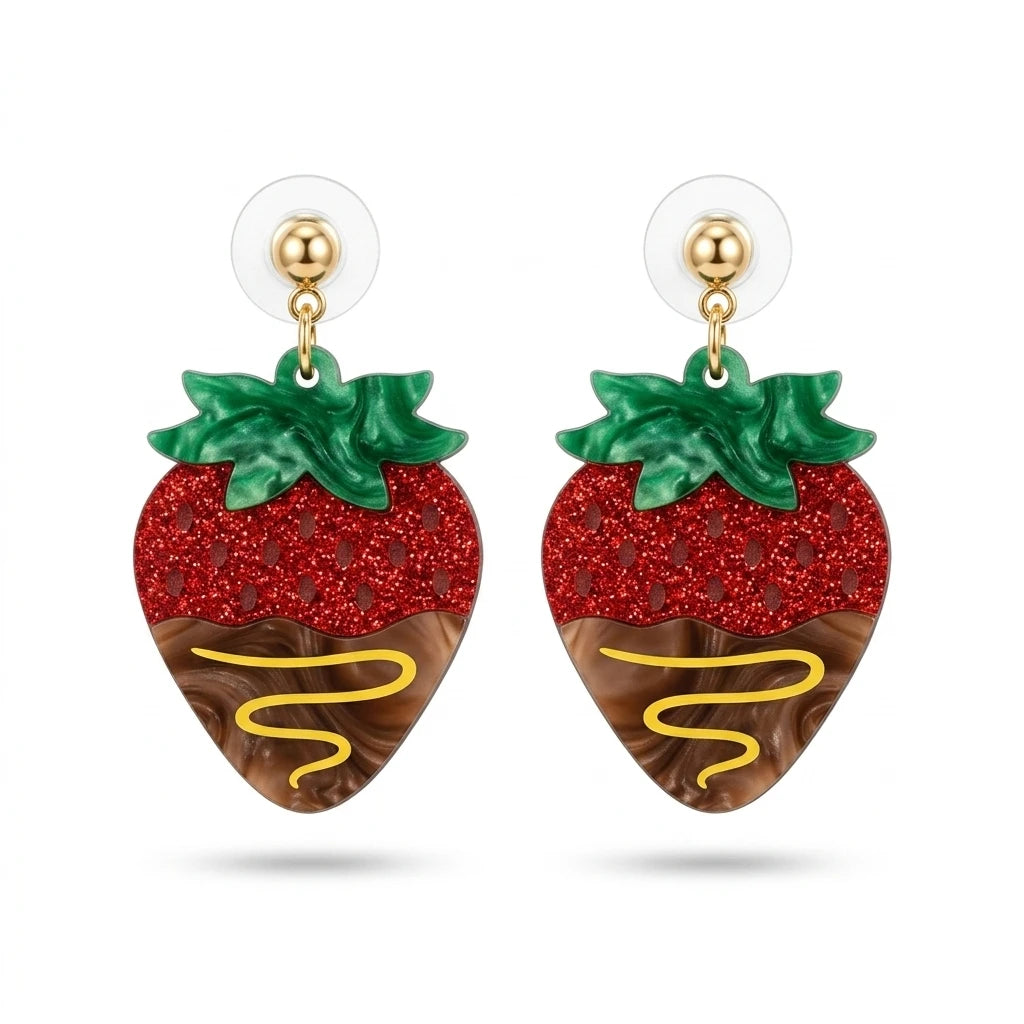 Chocolate Dipped Strawberry Acrylic Earrings Red Glitter Strawberry Dangle Earrings Fruit Jewelry ER2662
