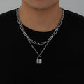 Stainless Steel Double Layers Chains Necklace for Men Lock Pendant Necklace For Women Men Fashion Geometric Jewelry