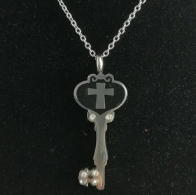 Factory Wholesale Top Stainless Steel Black Enamel Christian Church Cross Crystal Inlay Key Pendant Chain Necklace