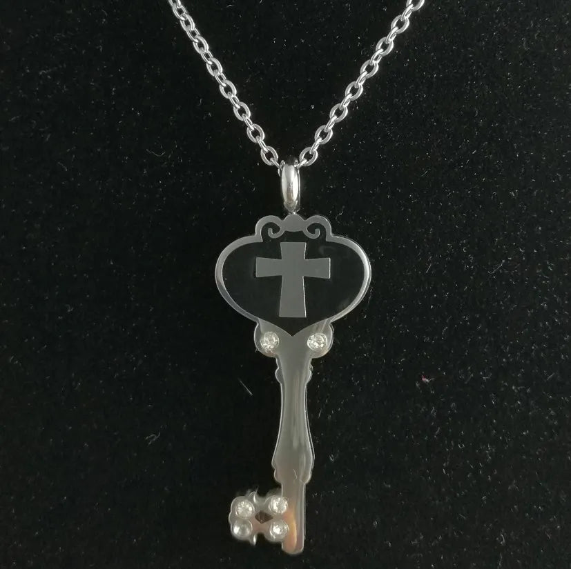 Factory Wholesale Top Stainless Steel Black Enamel Christian Church Cross Crystal Inlay Key Pendant Chain Necklace