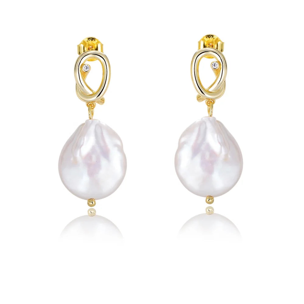 Trendy Women Jewelry Earrings Knot 925 Sterling Silver Dangle Charm Gold Plated Baroque Pearl Earrings