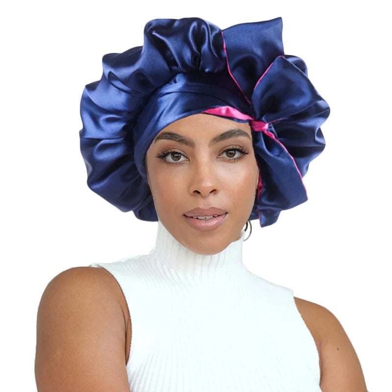Wholesale Solid Color Satin Bonnets Long Tie Reversible Bonnet for Women Custom Wide Band Double Layer Satin Bonnet with logo
