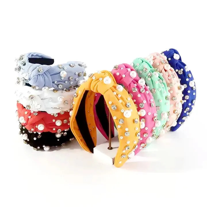 Korean Latest Design Colorful Crystal Hair Accessories Wide Edge Pearl Rhinestone Hair Hoop Women's Headbands