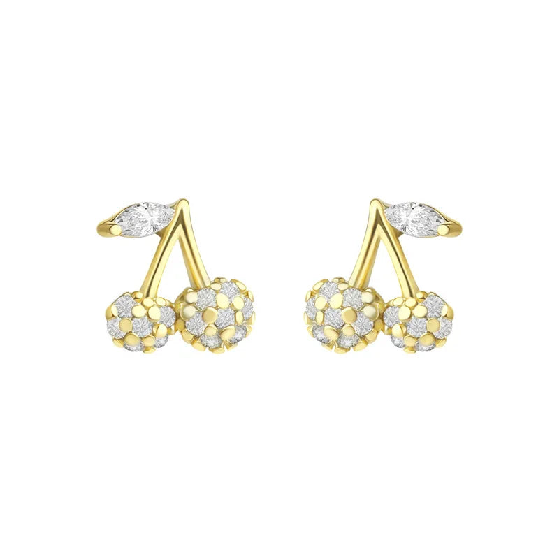 Fashion Cute Pure 925 Sterling Silver Delicate Cz Zircon Cherry Shaped Stud Earrings for Women Girls