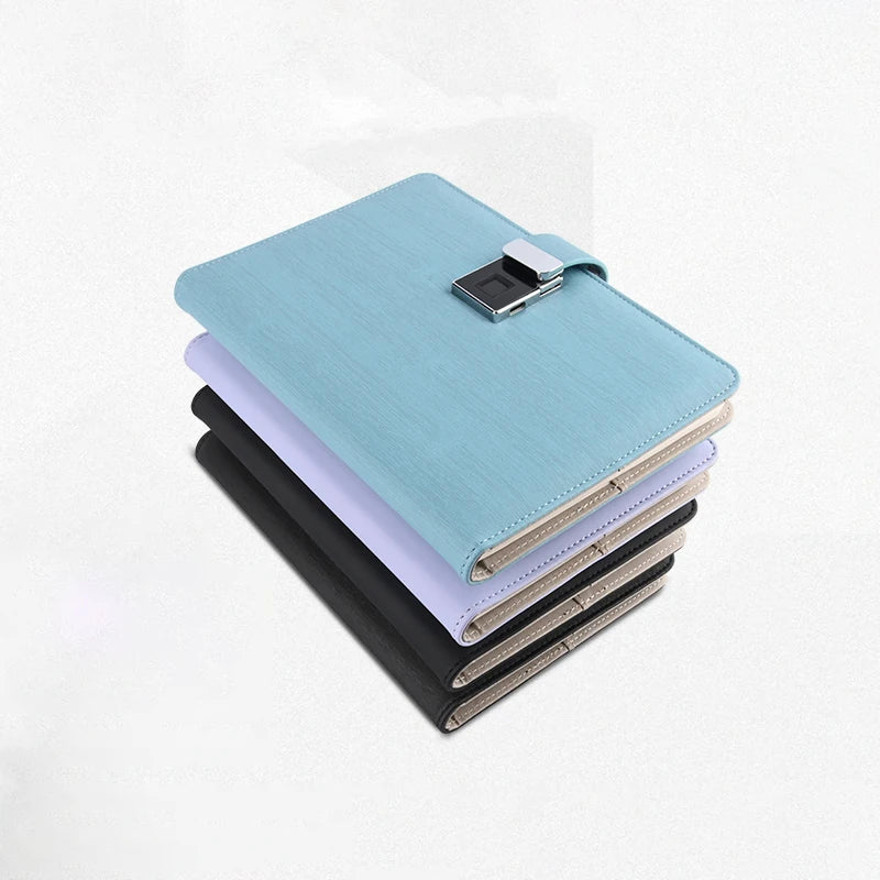 2024 New Arrival Privacy Safe Business Notebook Diary Fingerprint Lock Workbook Fashion Leather Notebook With 16G U Disk and Pen