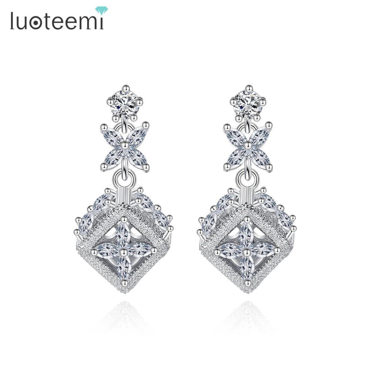 LUOTEEMI Earing Charm Woman Zirconia Fashion Designer Zircon Geometric Diamond Square Shaped for Lady Female Earrings