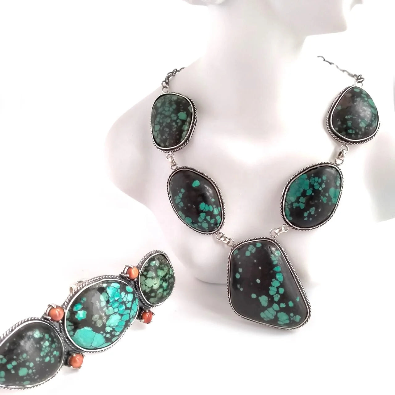 Big cabs natural turquoise cabochon 925 sterling silver necklace choker