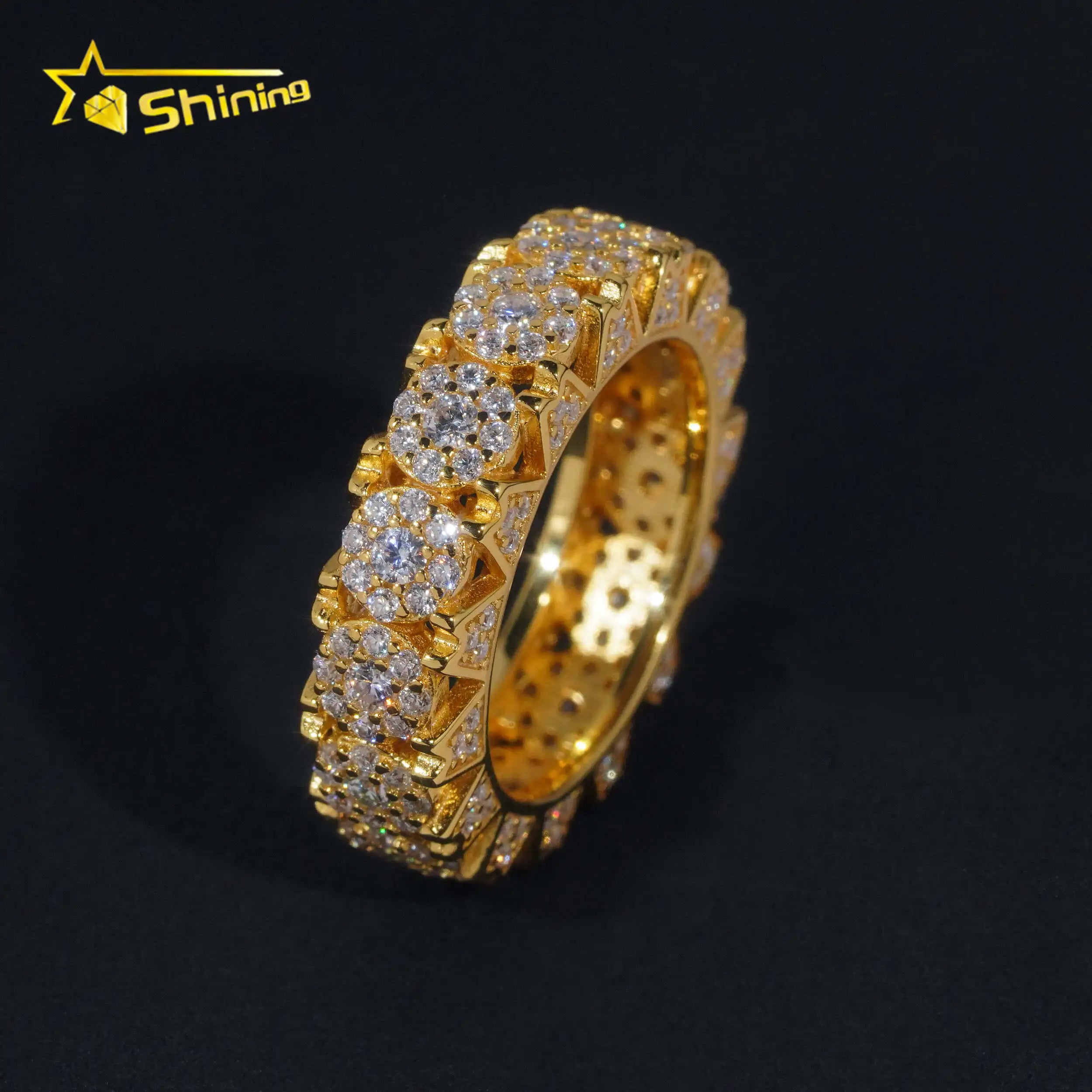 New Design Flower Setting 925 Sterling Silver Gold Plated Iced Out Moissnaite Pass Diamond Tester  Hip Hop Mens Rings