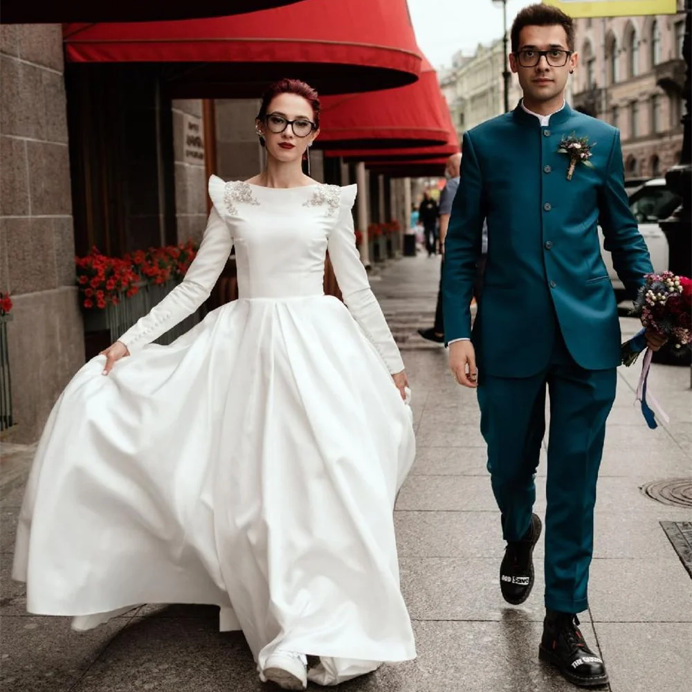 15607# Muslim Long Sleeves Beading Satin A-line Wedding Dress Hijab Bridal Gown for Women With Pockets Islamic Clothing