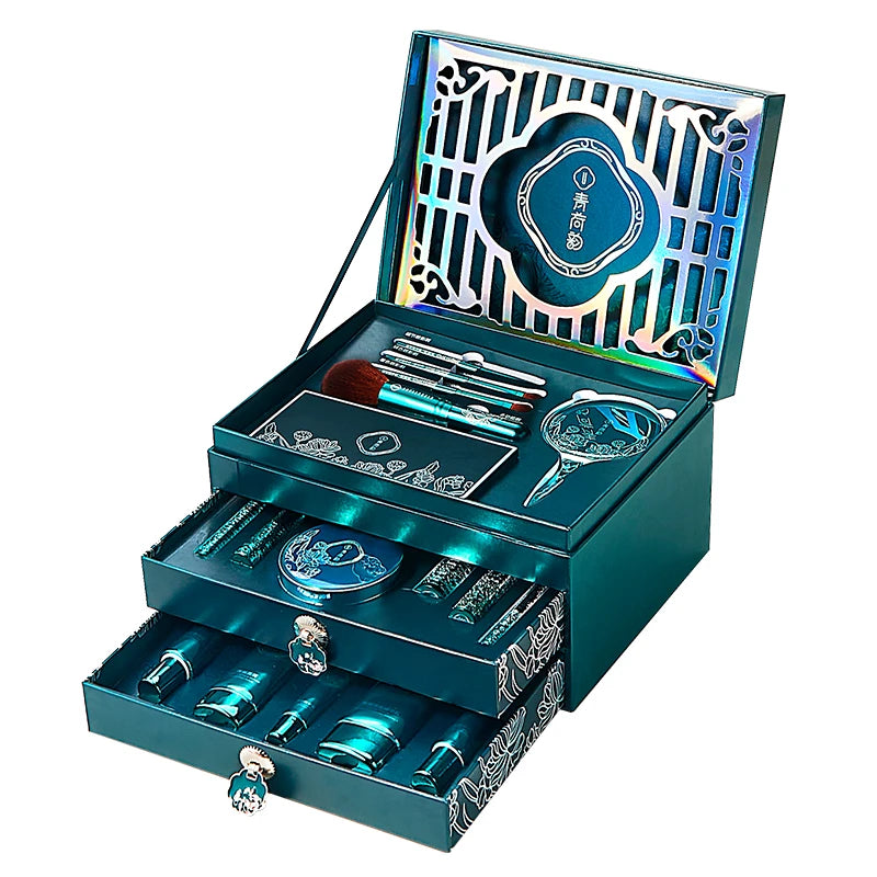 All One 18-Piece Complete Makeup Set Natural Environmental Lotus Design for Beginners and Experienced Users