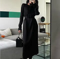 Enyami Women Chic Autumn Spring Elegant Office Leisure Black Dress Backless Long Sleeve Loose Casual Dress