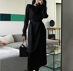 Enyami Women Chic Autumn Spring Elegant Office Leisure Black Dress Backless Long Sleeve Loose Casual Dress