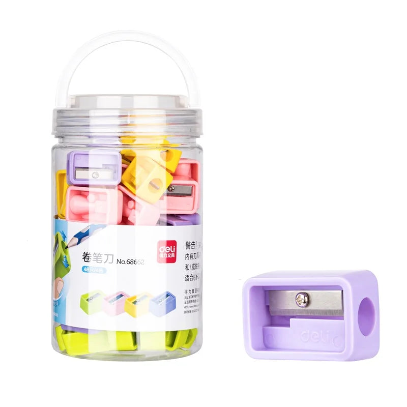 Deli 68662 Four Color Pencil Sharpener Thick Rod Pencil Sharpener Mini Simple Pencil Sharpener for Children 48pcs Per Carton Set