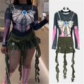 Women Matching Outfit Bow Print O Neck Vintage Crop Top and Ruffle Bow Skirt Suits