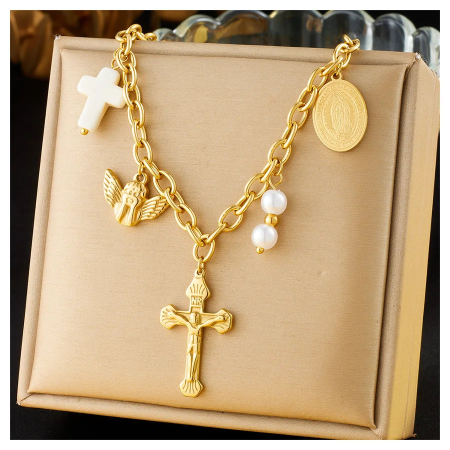 18k Pvd Gold Plated Stainless Steel Cross Pendant Necklace Jewelry Tarnish Free Angels and Virgins Charm Necklace