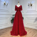 S1867N 2026 New Hot Selling Burgundy Short-Sleeved Lace Tulle Train Crystal Beaded Floor-Length Party Evening Dress