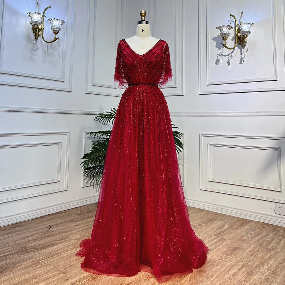 S1867N 2026 New Hot Selling Burgundy Short-Sleeved Lace Tulle Train Crystal Beaded Floor-Length Party Evening Dress