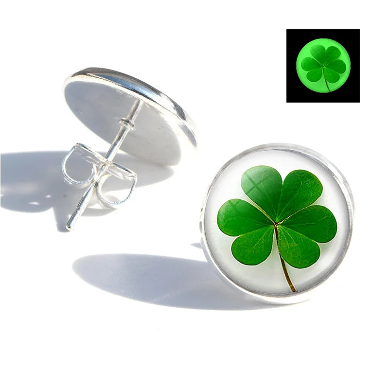Four Leaf Clover Stud Earring Glow at Night Mini Simple Earrings Design Glass Dome Jewelry Women Men Lucky Clover Earrings