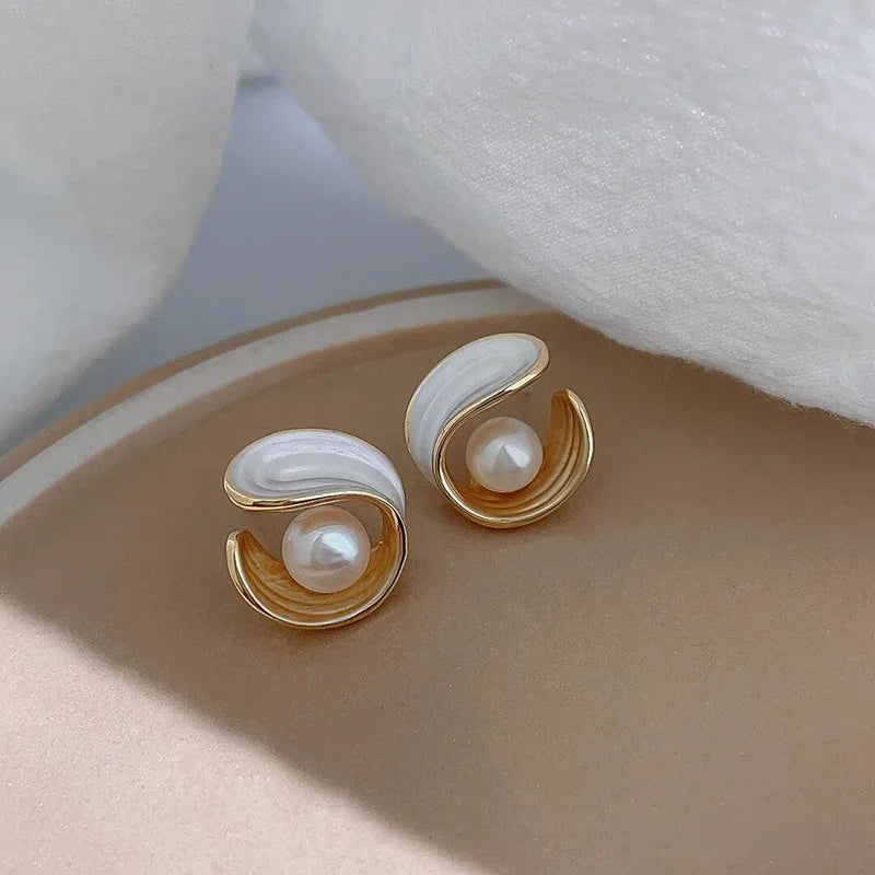 AA00926 S925 Silver Needle Geometric Shape Irregular Earring Pearl Oiled French Style Fashion Earrings Trend