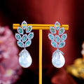 Light Blue Cubic Zircon Crystal Plant Leaf Shape Dangle Big Long Pearl Drop Women Party Wedding Earring Jewelry Accessories