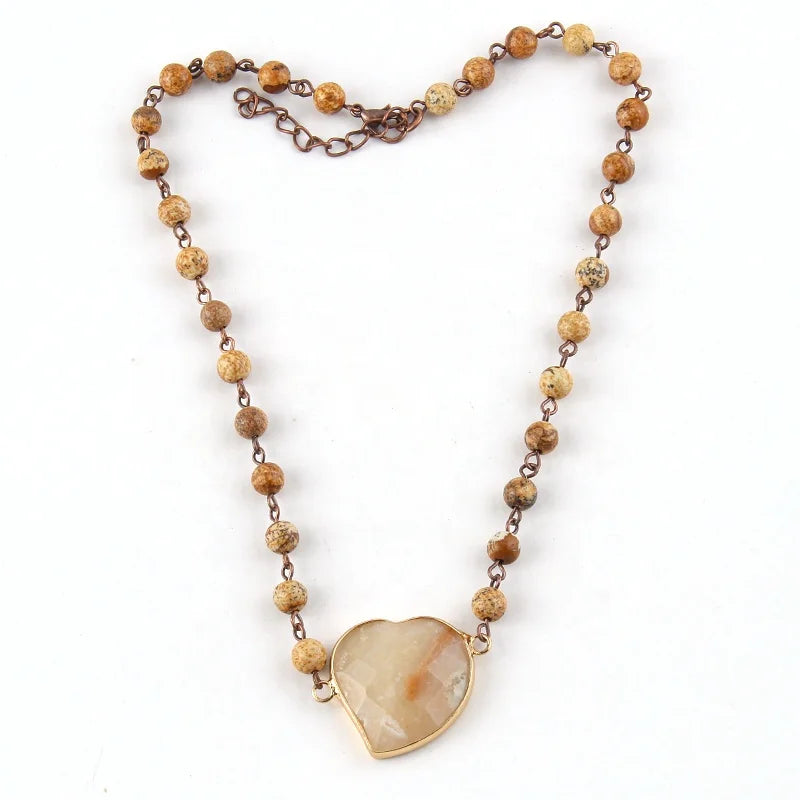 Fashion 6mm Pic Jasper Rosary Chain Natural Stone Necklace Heart Choker Necklace