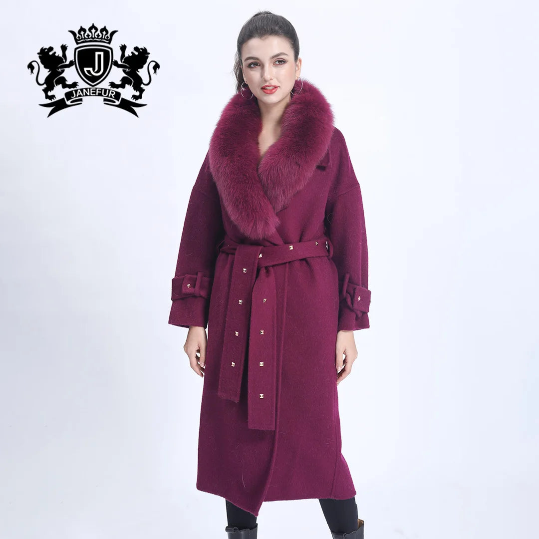 Women Luxury Korean Style Women Cashmere Big Fur Collar Wool Coat