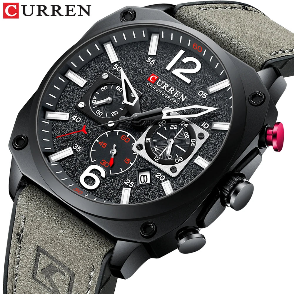 2025 CURREN 8398 New Luxury 45mm Men's Quartz Wrist Watch Top Fashion Leather Strap with Steel Case Chronograph Wristwatch