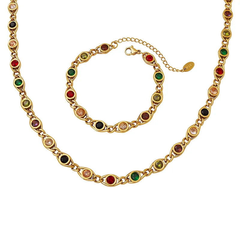 Fashion Zircon Jewelry Set Gold Plated Brass Link Chain Colorful Stone Bracelet Necklace Waterproof CZ Necklace