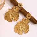 Ilona Trendy Retro Personality Ladies  18K Gold Plated Stainless Steel Stud Earrings Ginkgo Leaf Shape with Zircon Classic Style