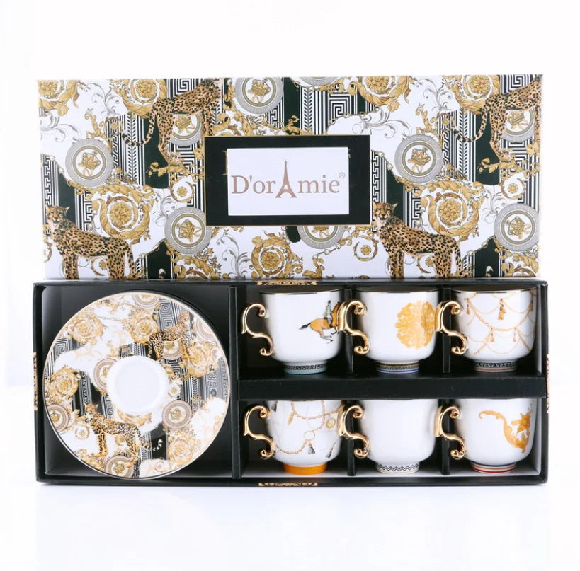 Luxury 6-Piece Ceramic Coffee Cup Dish Set with Gold Handle for Party Serving Turkish Coffee