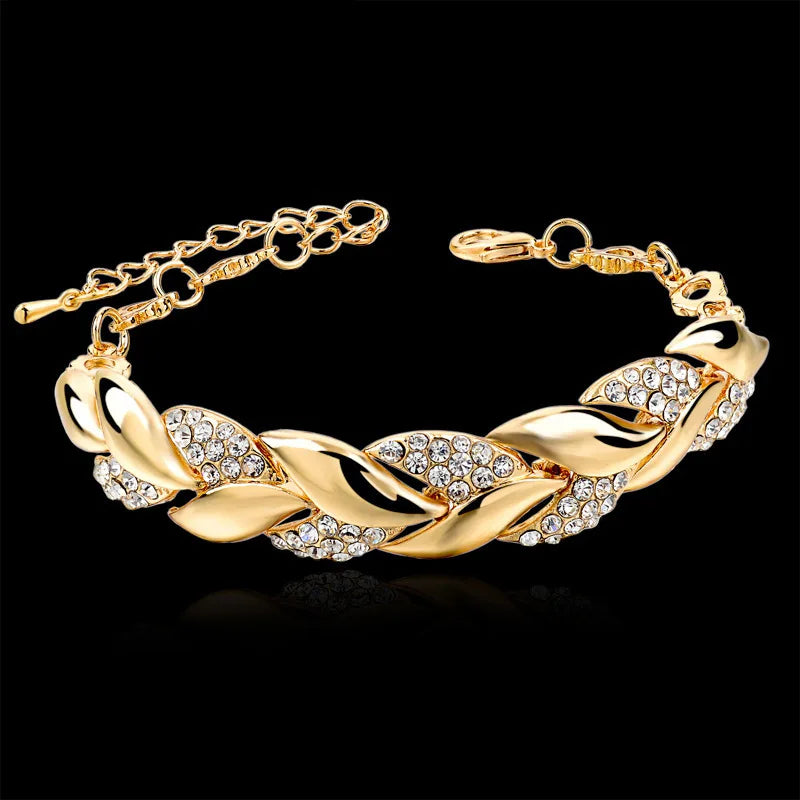HOVANCI Wholesale Popular Gold Plated Leaf Shaped Bracelet Hips Hops Rhinestone Crystal Charm Bracelet Women Jewelry
