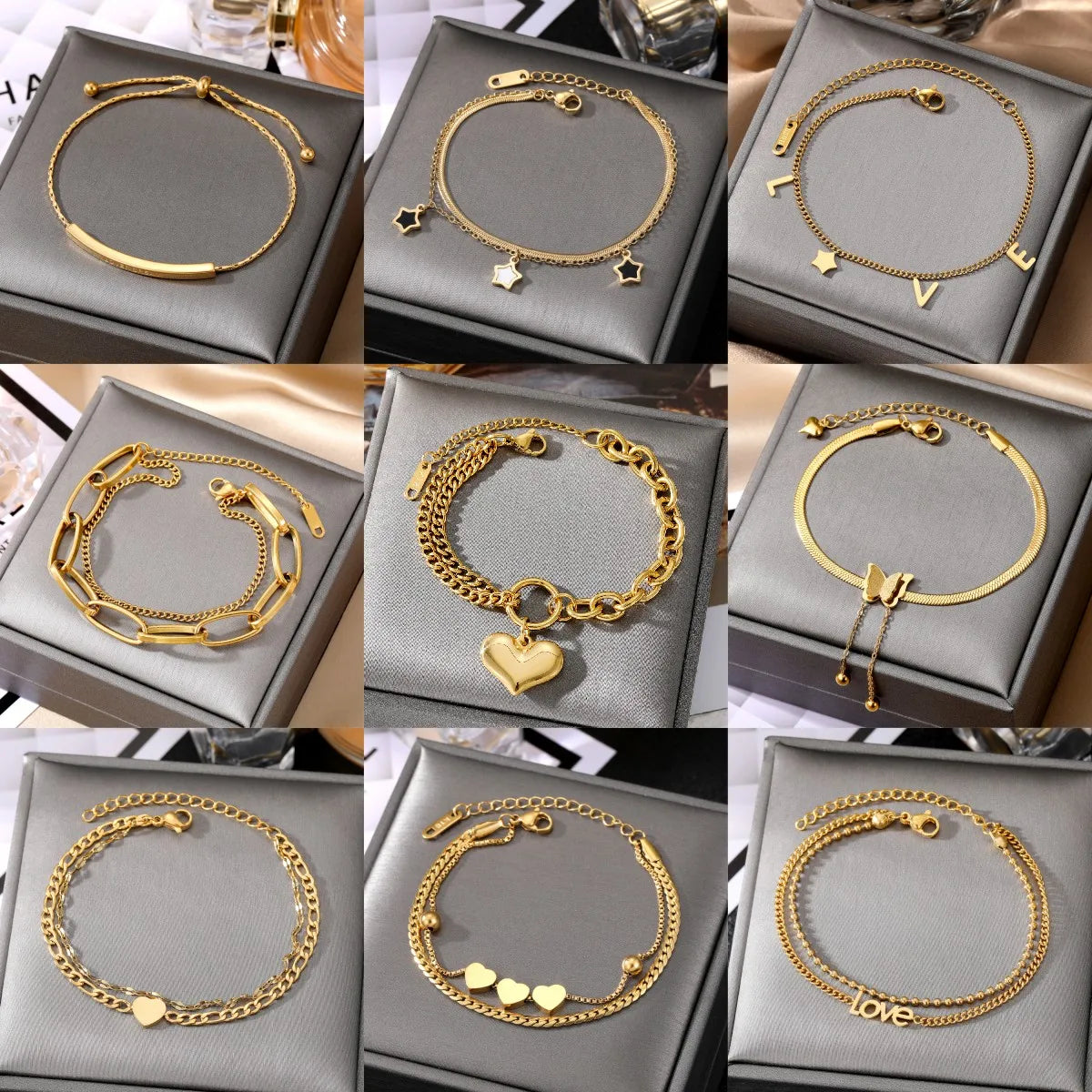 Hot Selling Fashion Vintage 18K Gold Plated Love Heart Stainless Steel Black Gemstone Bracelet for Women Jewelry