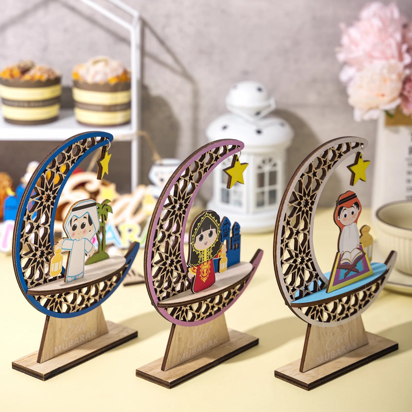 Hot Selling Hollow Moon Wooden Moon Festival Party Star Moon Castle Desktop Decoration for Arab Festivals