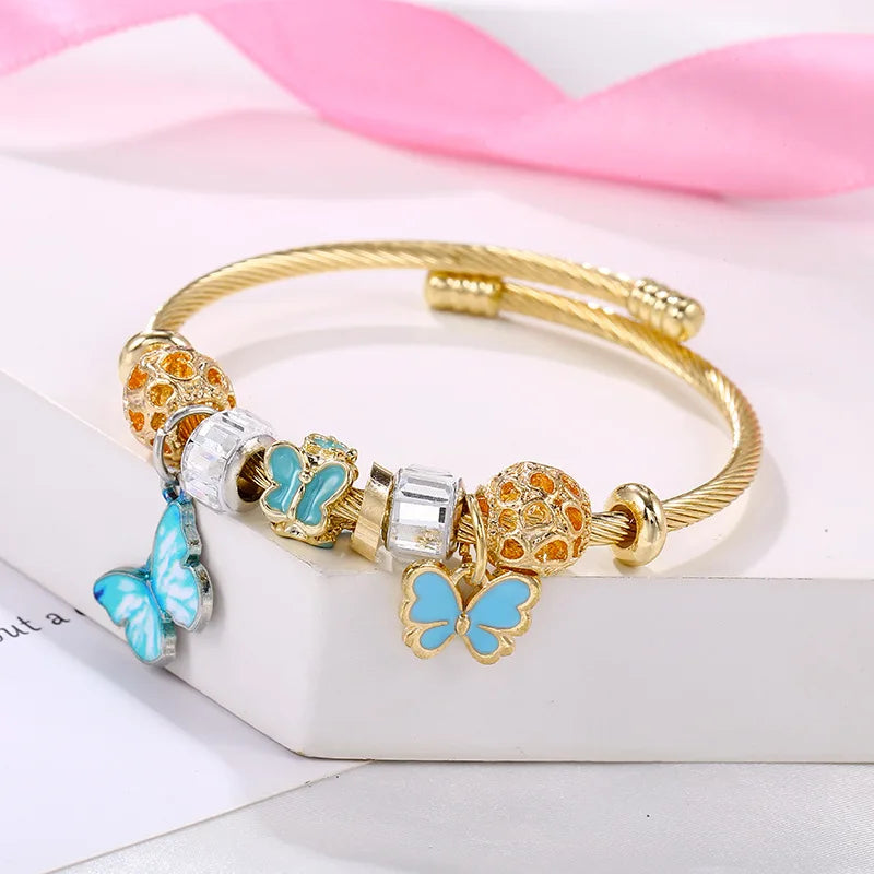 Korean Stainless Steel Butterfly Bangle Bracelet Adjustable Enamel Butterfly Cuff Crystal Bracelet