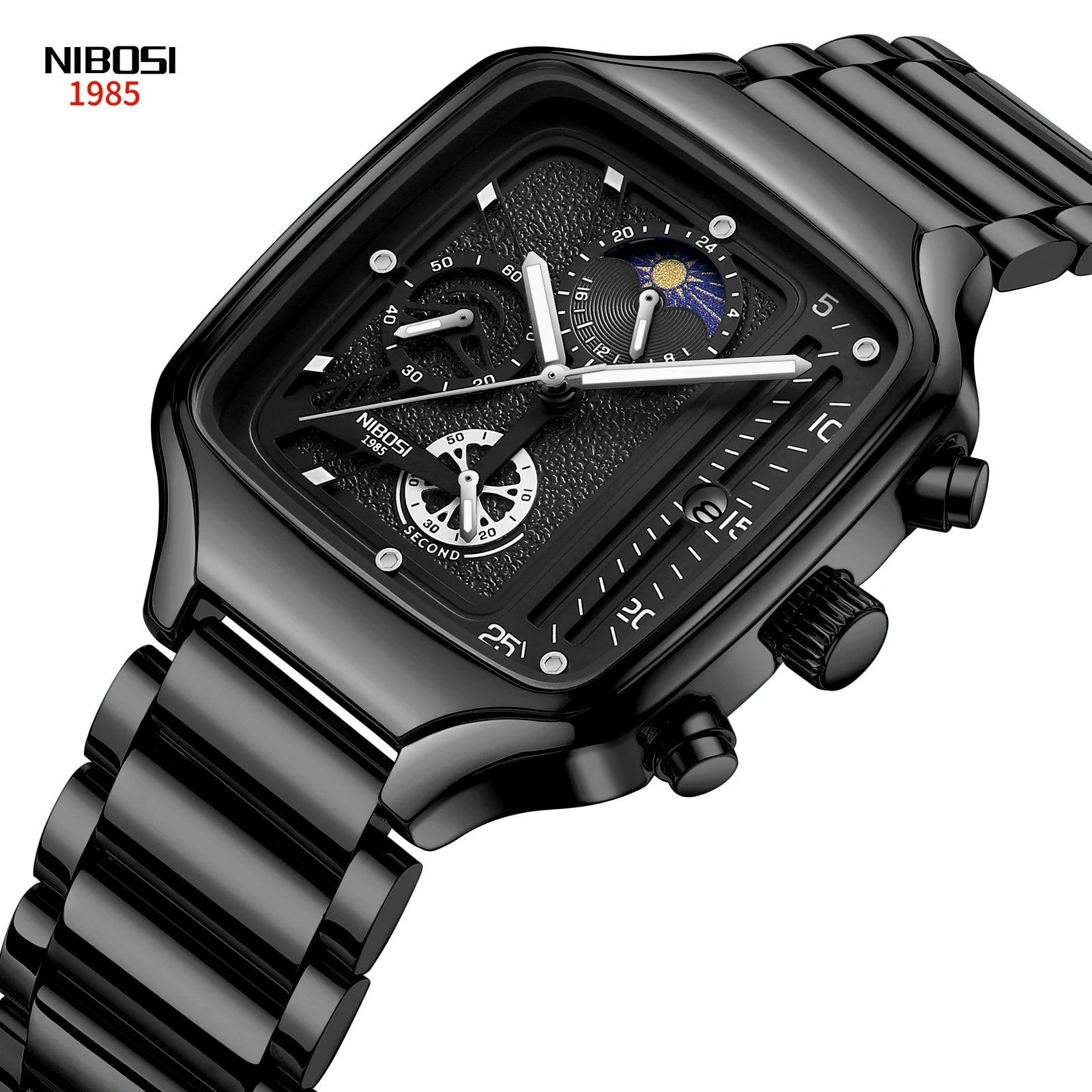 NIBOSI 2573 Water Resistant Quartz Watch 3 Bar Square Stainless Steel Strap Men Watches Luminous Wristwatches