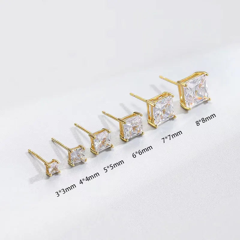 Wholesale 3mm to 8mm Square Cushion Cut Clear Diamond Zircon Ear Studs PVD Gold S925 Sterling Silver Stud Earrings for Women
