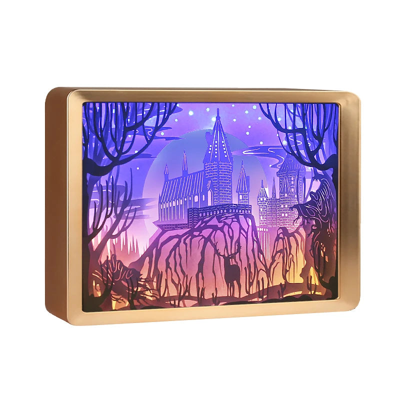 Hot Selling Harry Hogwarts Castle Design 3D Paper Crafts Led Lighted Shadow Box Frame for Promoting Gifts