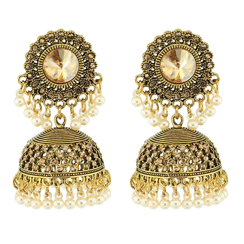 Ethnic Pearl Round Turkish Bells Indian Jhumka Earrings Women's Classic Vintage Gold Silver Color Hollow Earrings