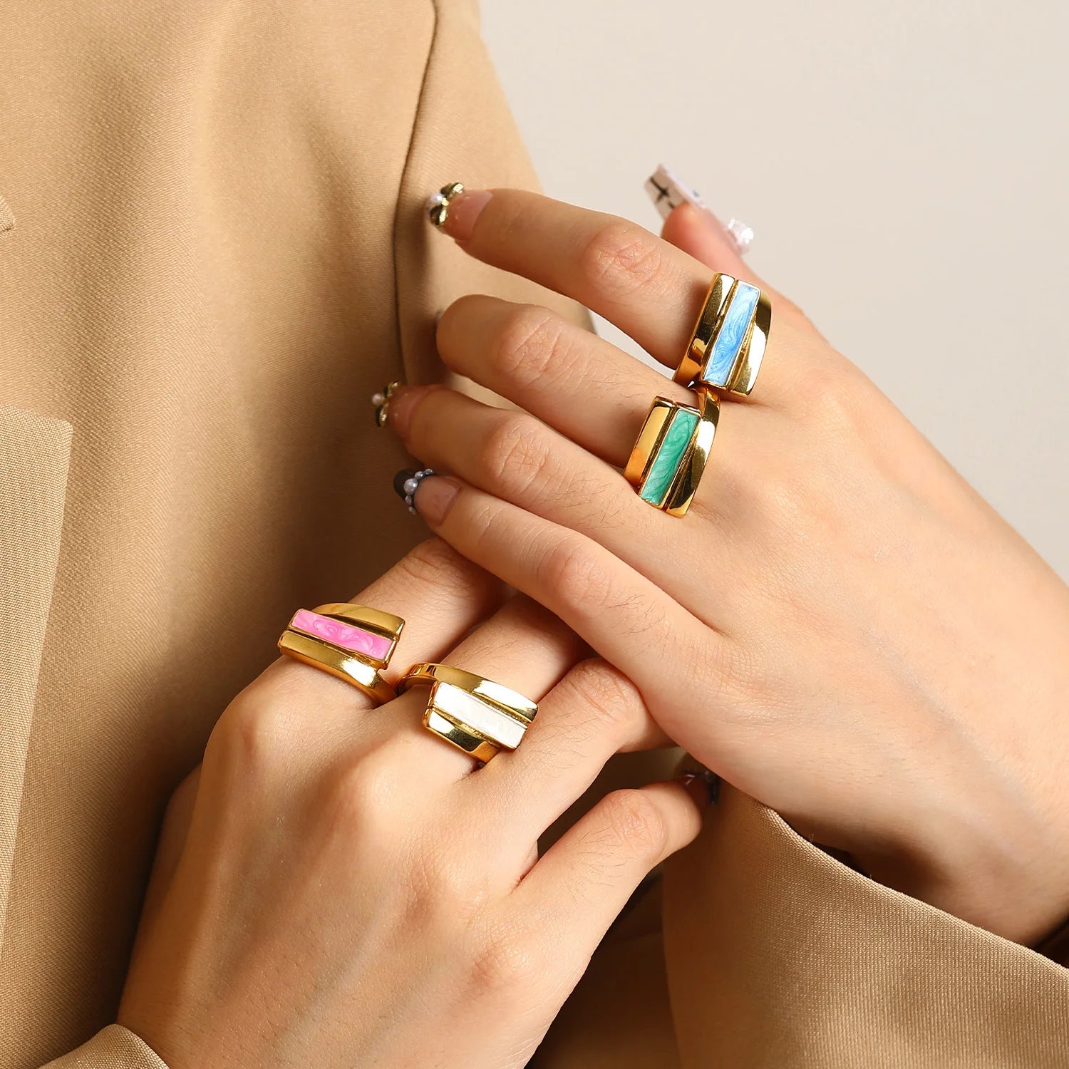 Nabest Waterproof Stainless Steel Drop Oil Geometric Ring Jewelry Women PVD Plated Personalized Luxurious Rings