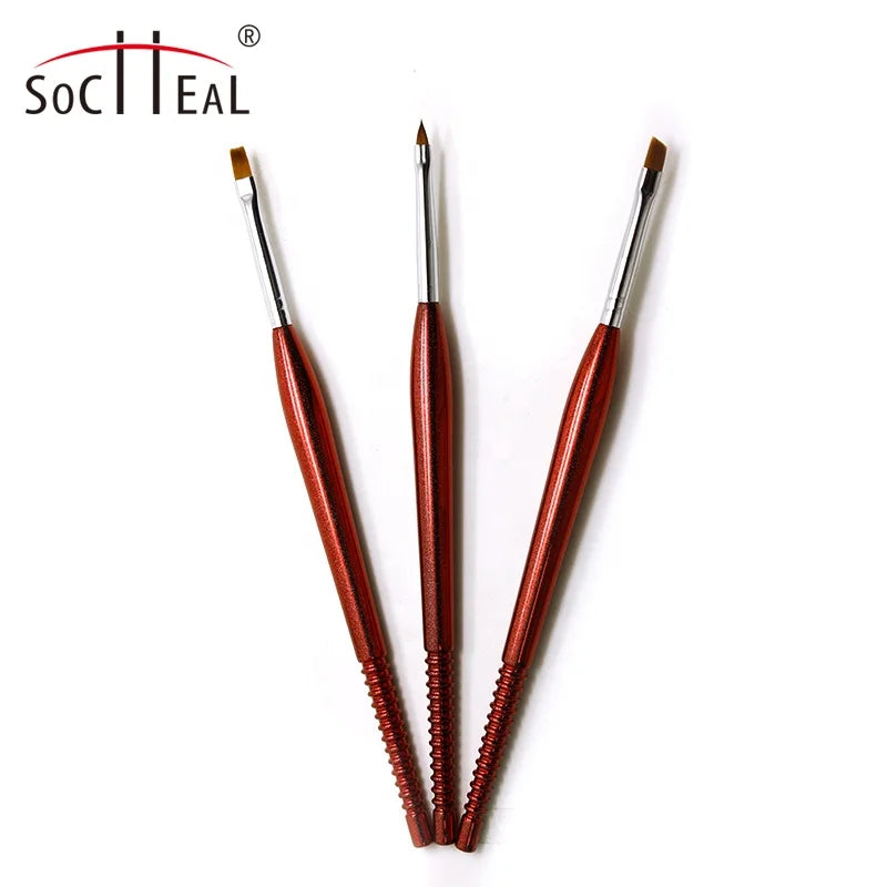 Socheal 3pcs Red Handle Flat Liner Oval Nail Brush Pointed Tool Best Nylon Nail Art Brush Set