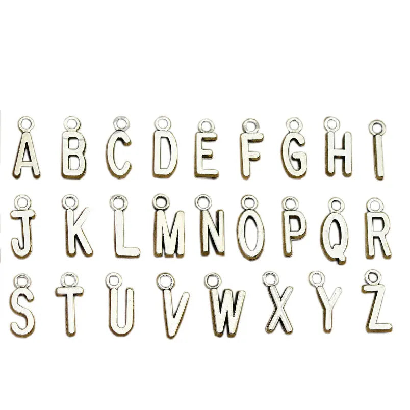 50Pcs/Bag Silver Filled Initial Block Letter Charm Drops Silver Tone Full Alphabet Letter Beads Pendants Choose Your Letter