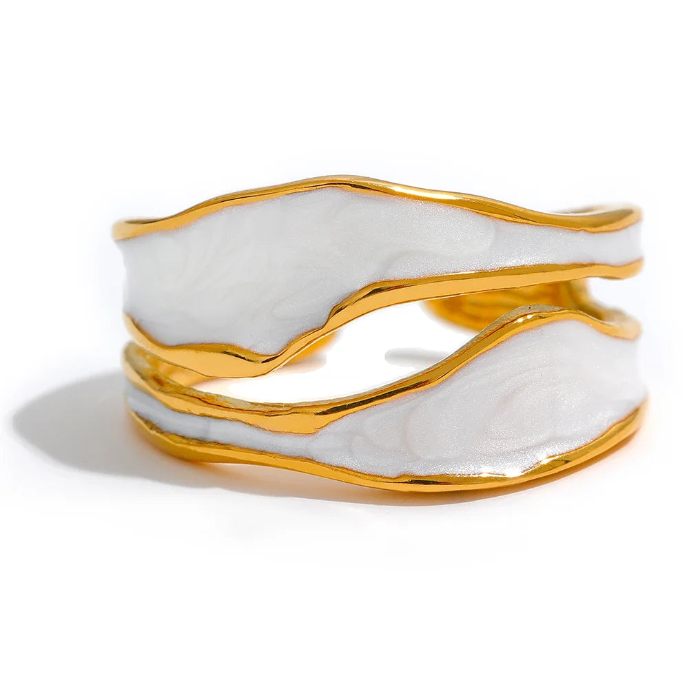 JINYOU 2125 Fashion White Enamel Creative Irregular 316 Stainless Steel Open Ring Waterproof Women Jewelry Stylish Charm New