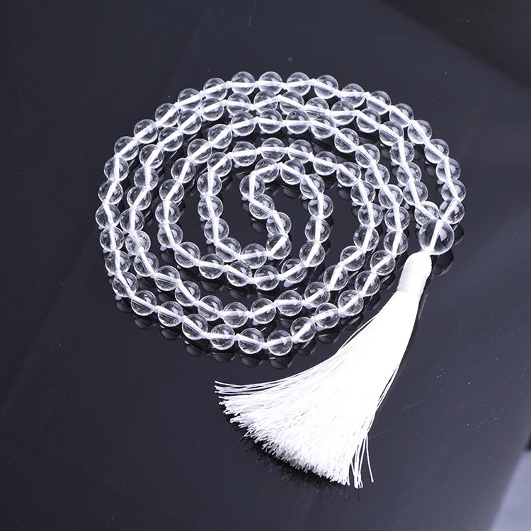 CC Luxury Natural Stone Crystal Knotted Necklace White Gravel Crystal Beaded Clear Quartz Necklace Mala 108 Tassel Pendant
