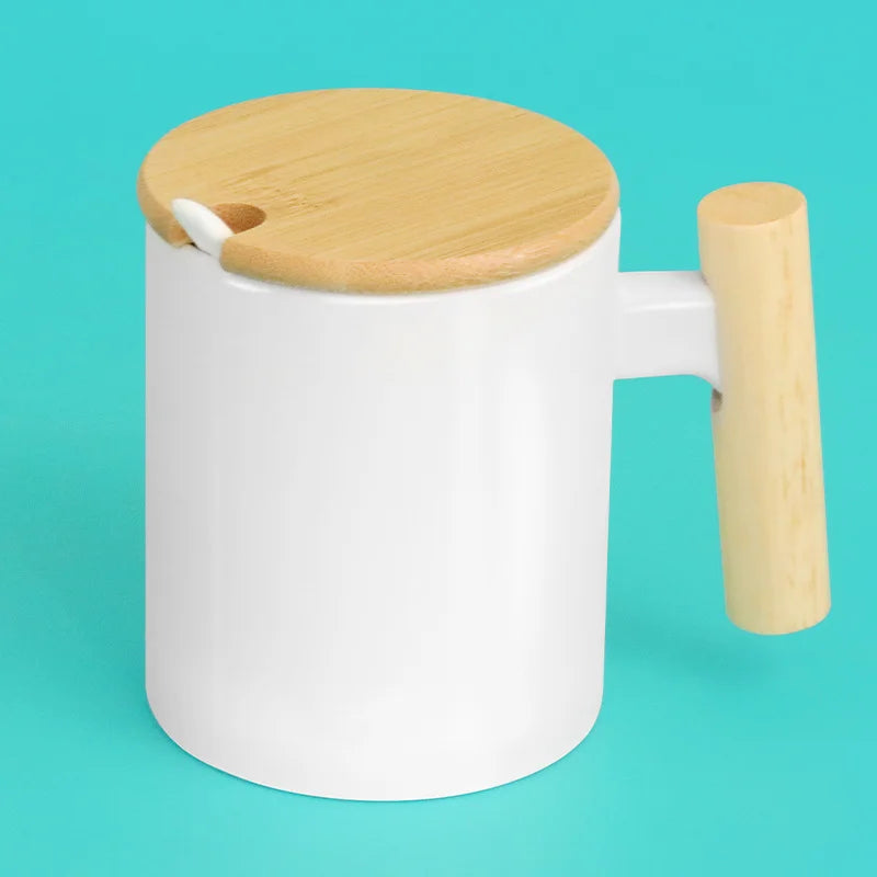 Ceramic Mug With Wooden Handle Tea Coffee Cup Sublimation Blank Water Cup With Spoon for Custom Advertised Business Gifts