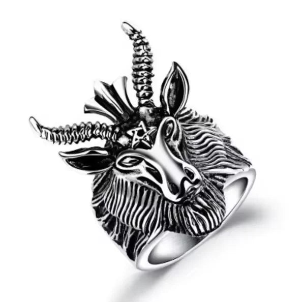 Fashion Sheep Goat Horn Head Ring Satan Worship Baphomet Aries Zodiac Wicca Star Rings Punk Animal Jewelry
