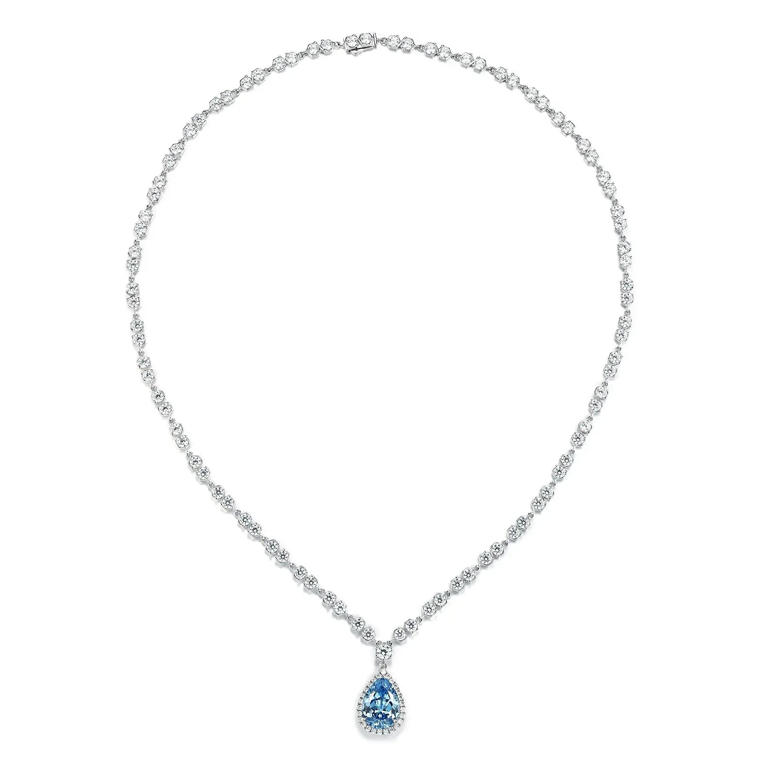 Luxury Pear Cut Blue Aquarmine Zirconia Pendant Necklace 925 Sterling Silver Tennis Chain Pendant Necklace Wedding Jewelry