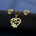 New Cheap and Fashionable Gold Hollow Smooth MOM Heart Pendant Stainless Steel Earring Set Necklace Wholesale