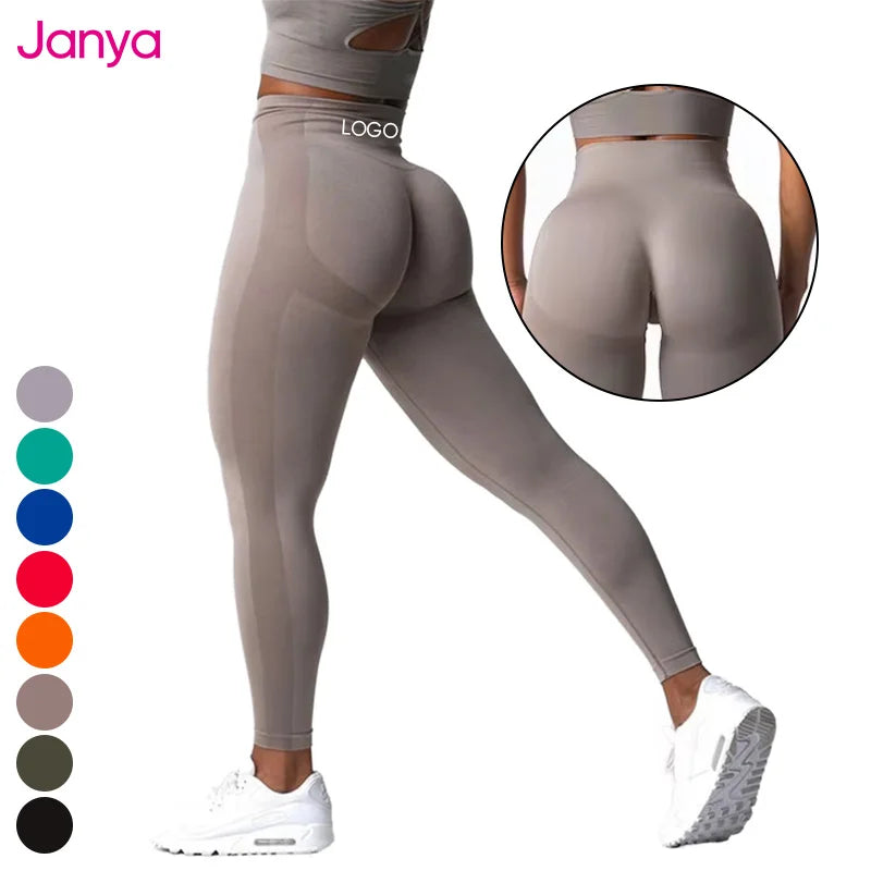 Janya Women's High Waist Gym Fitness Pants Breathable Sportswear Scrunch Butt Cationic Seamless Elastic Waist Solid Yoga Spandex