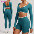 Janya Long Sleeve Sports Top High Waist Fitness Leggings 2 Piece Suit Breathable Women's Sets Color Blocking Seamless Yoga Set